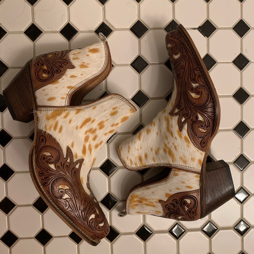 Myra Bag White & Brown Cowhide Western Ankle Boots
